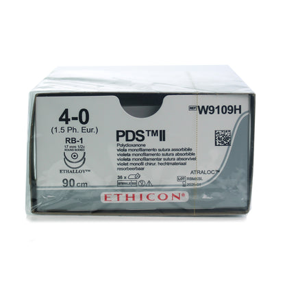 W9109H PDS, Violet, Monofilament, 2xRB-1, 4-0, 90cm, 1/2 Circle Taper Point Absorbable Sutures - Box of 36 - Ethicon