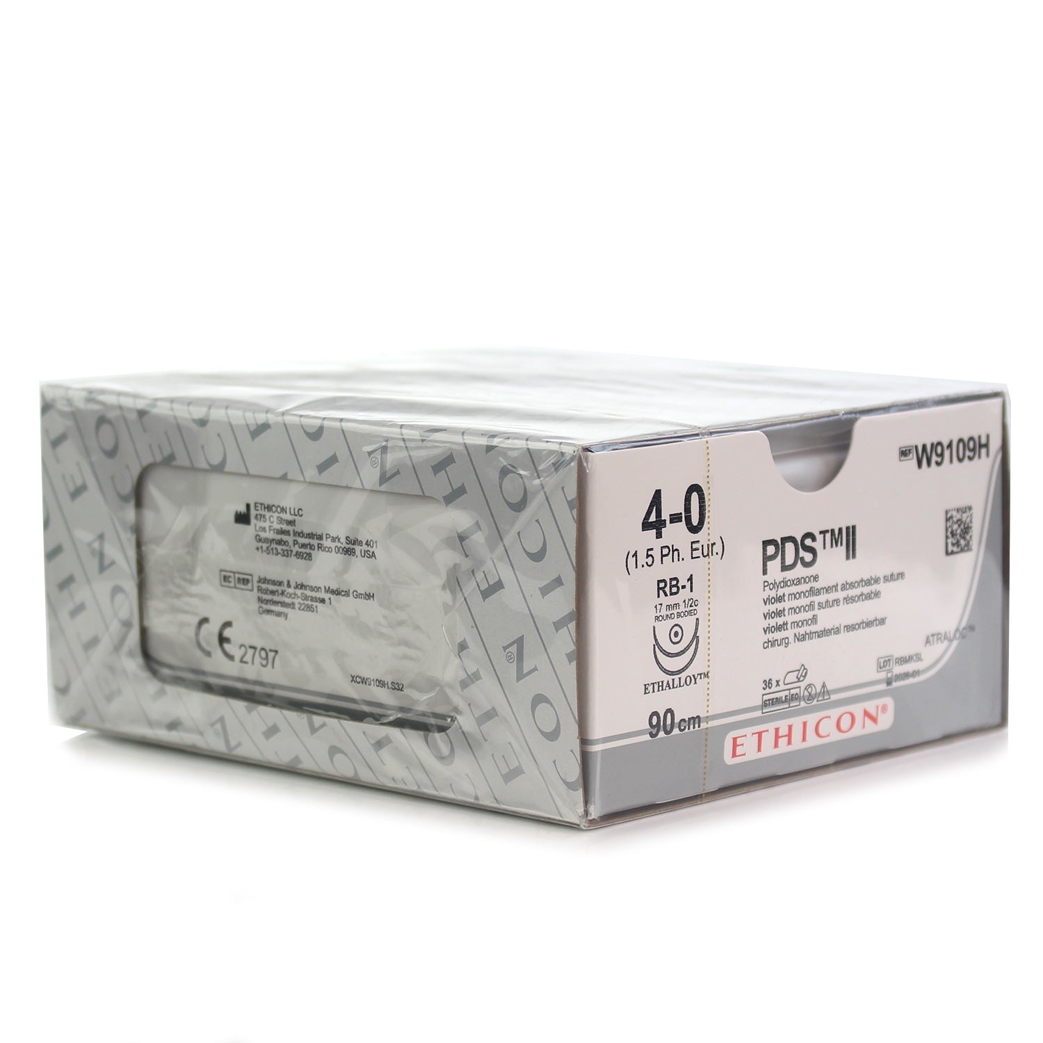W9109H PDS, Violet, Monofilament, 2xRB-1, 4-0, 90cm, 1/2 Circle Taper Point Absorbable Sutures - Box of 36 - Ethicon