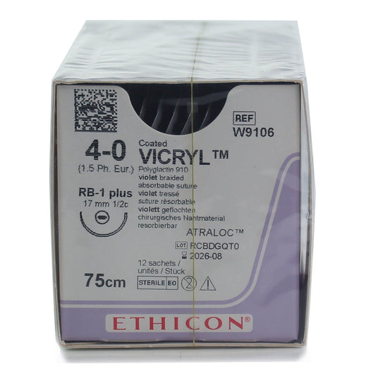 Coated Vicryl Suture 4/0 Violet 75cm, 17mm 1/2 Circle Taper Point Plus Needle x 12 - Ethicon