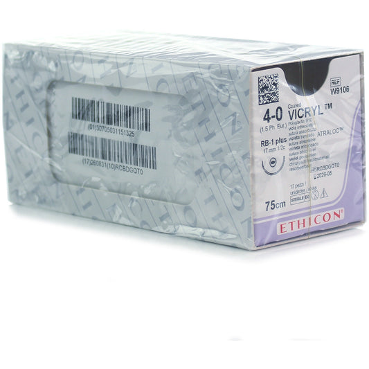 Coated Vicryl Suture 4/0 Violet 75cm, 17mm 1/2 Circle Taper Point Plus Needle x 12 - Ethicon