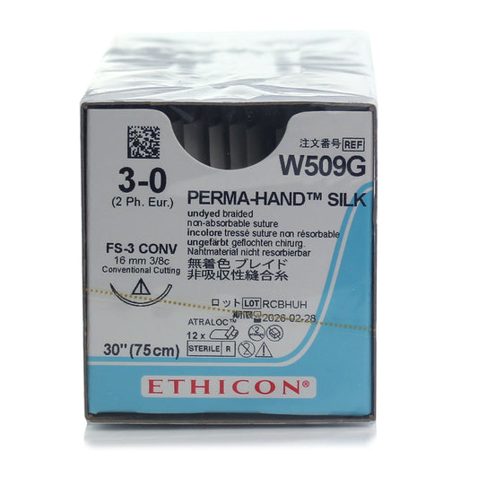 Mersilk Braided Silk Sutures - 3/8 Circle Conventional Cutting 16mm 75cm 3-0 Ivory x 12 - Ethicon