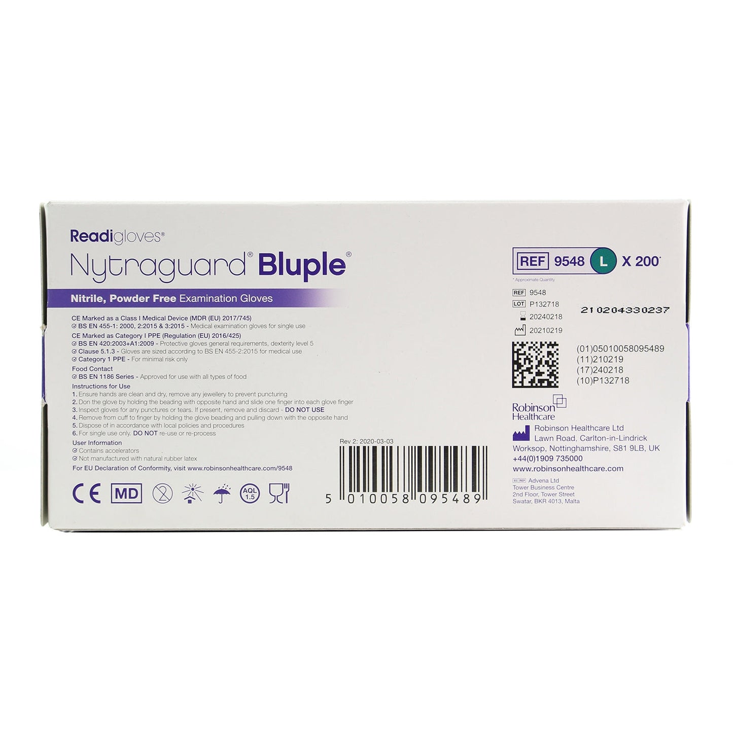 Robinsons Nytraguard Bluple Nitrile Gloves Large x 200 [EN455 Medical Grade] - Robinsons