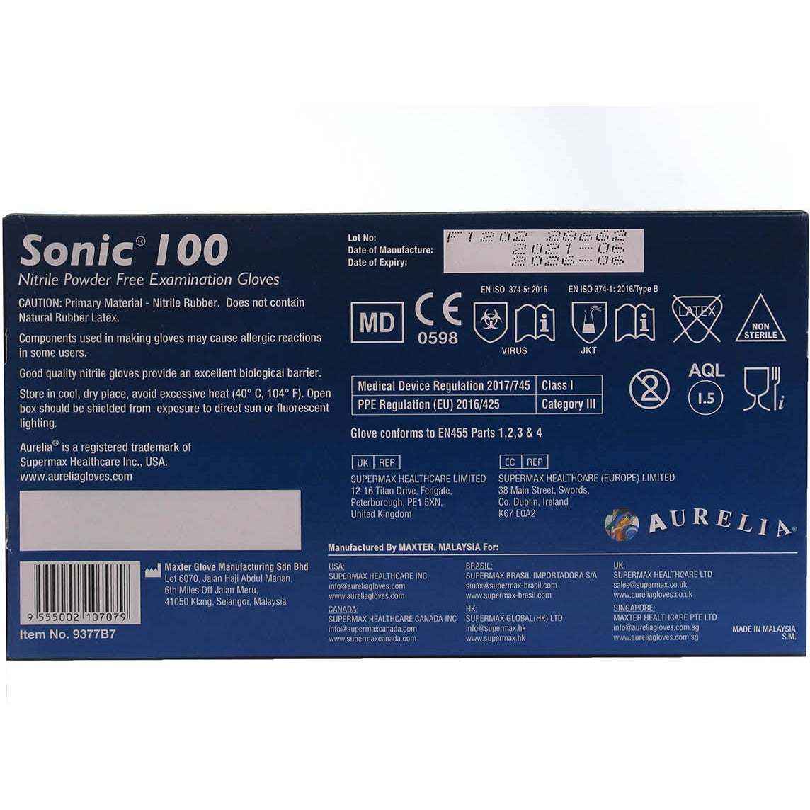 Aurelia Sonic 100 Extra Large Blue Nitrile Powder-Free Examination Gloves - Non Sterile  - (100)