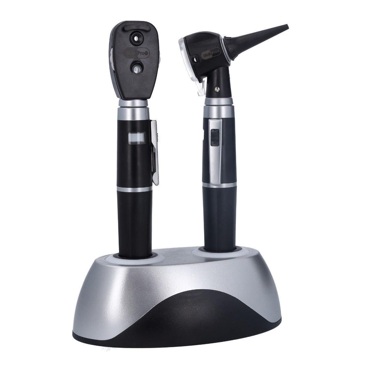 Black MediPro otoscope and ophthalmoscope desk set displayed against a white background. The otoscope has a black ear specula attached to the front of it.