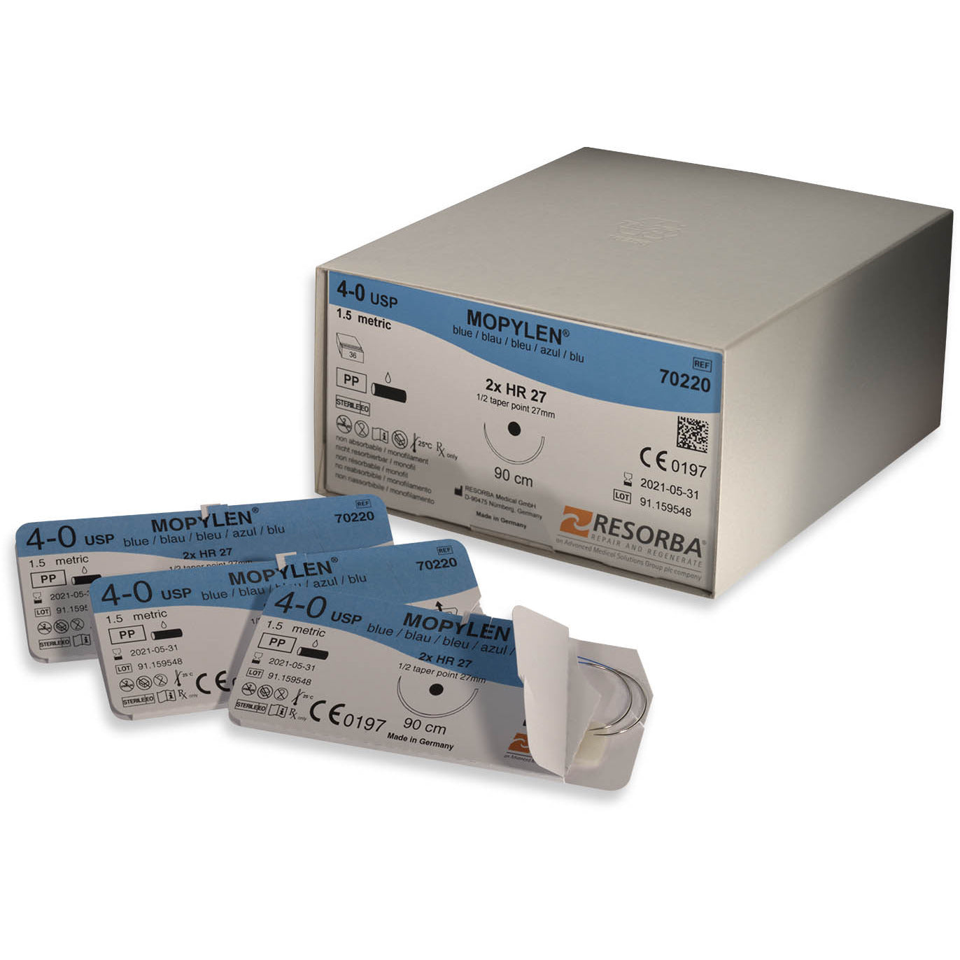 MOPYLEN blue 5/0 usp 1x45cm 3/8 circle cutting needle precision cut 16mm - Box of 36 - Resolon