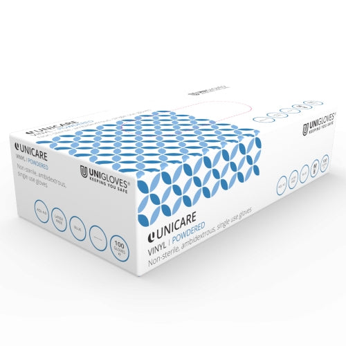 Unicare Soft Blue Powdered Vinyl Gloves - Small - Box Of 100 - Discontinued
