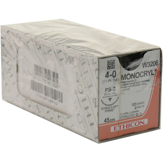 MONOCRYL Suture - 19mm 45cm 4-0 1.5 (x12) - Undyed