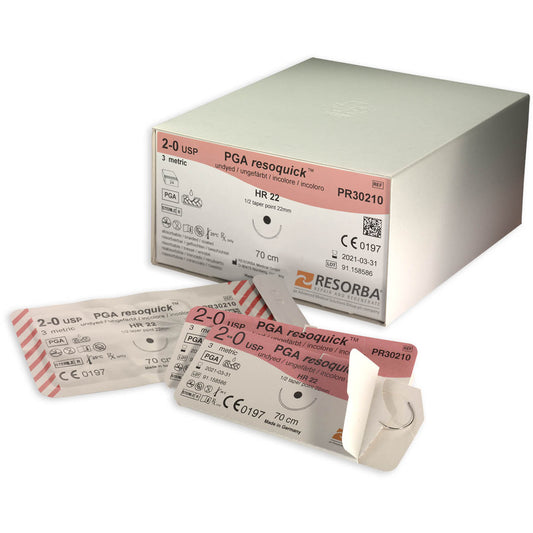 PGA-RESORBA undyed 6/0 usp 1x45cm 1/4 circle spatulated needle PREMIUM cut thin line 8mm double armed - Box of 24 - Resolon