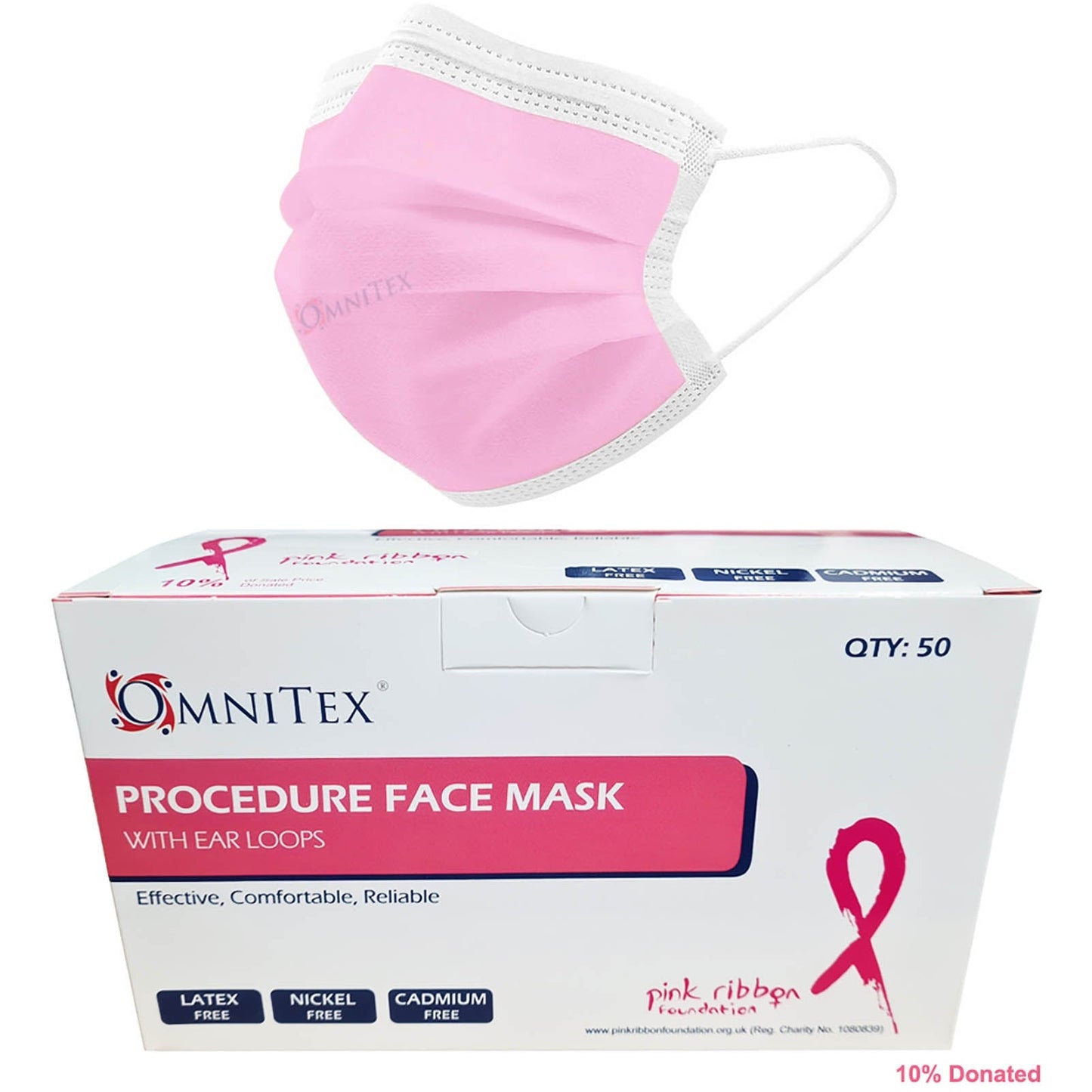 Face Masks - Type IIR with Ear Loops - Pink - Box of 50 - Breast Cancer Awareness [UK MADE] - Omnitex