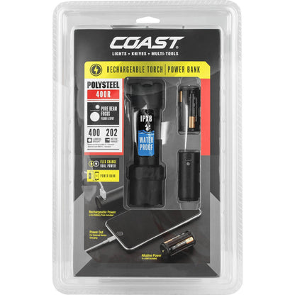 Coast Polysteel 400R Rechargeable Twist-Focusing LED Torch (400 Lumen) - Coast