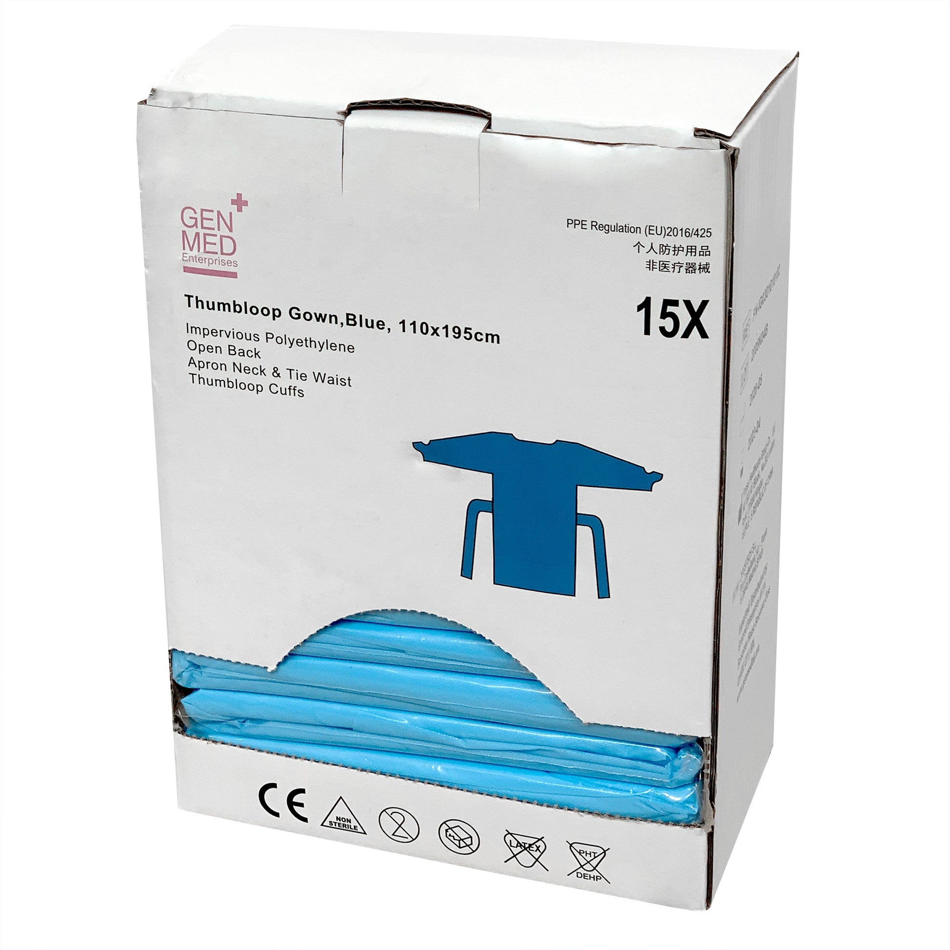 Protective Thumb Loop Gown – PPE Cat I Certified - Fluid Resistant - Box of 15 - Discontinued