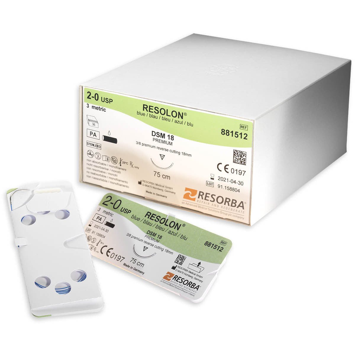 RESOLON blue 4/0 usp 1x45cm 3/8 circle cutting needle 18mm - Box of 36 - Resolon