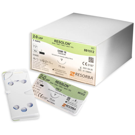 RESOLON blue 3/0 USP 1x45cm 3/8 circle cutting needle precision cut 18mm - Box of 36 - Resolon