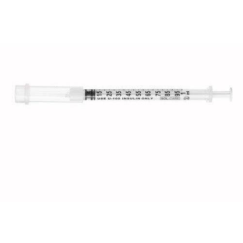 SOL-CARE Insulin Safety Syringe with Fixed Needle 1ml, 30g 1/2" - (Box 100)