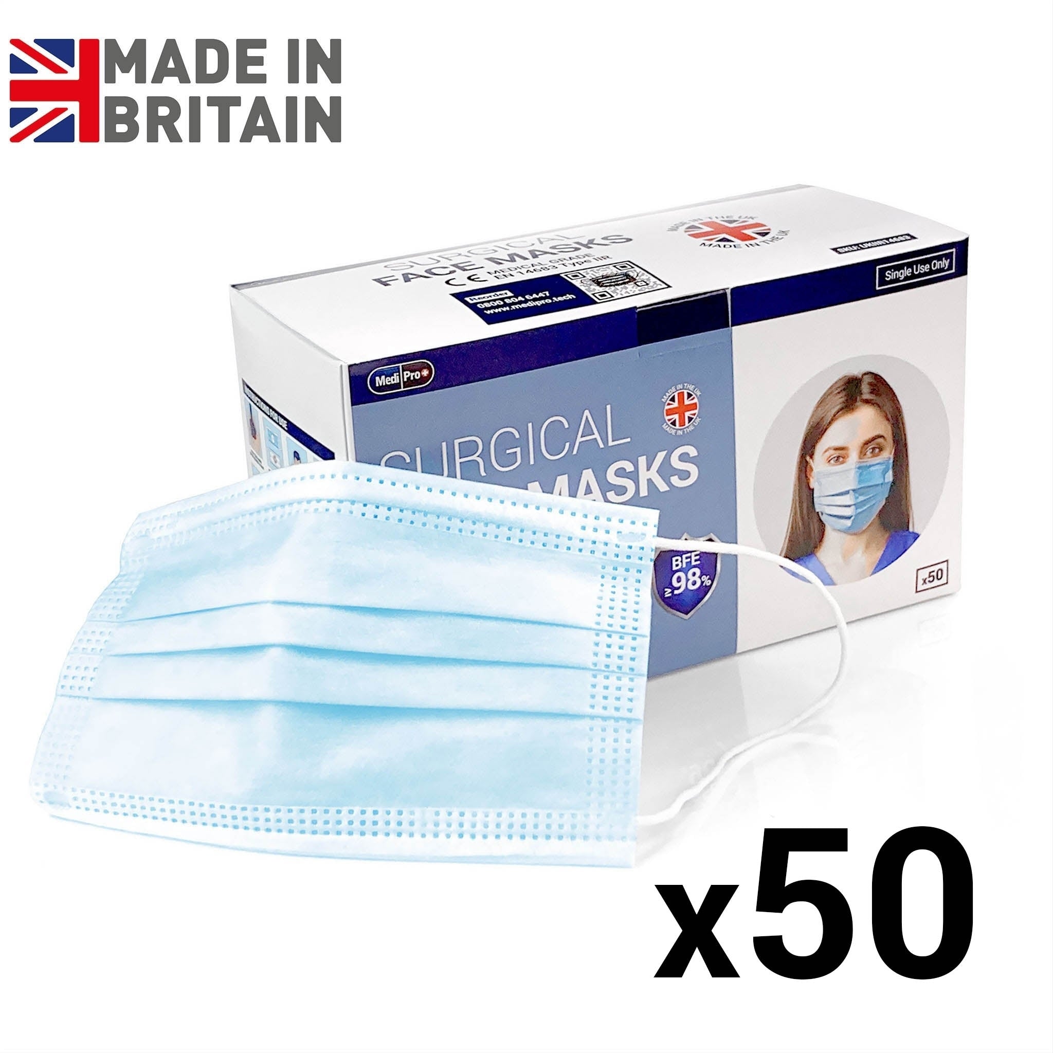 Face Masks Type IIR with Ear Loops Black Box of 50 Medisave UK