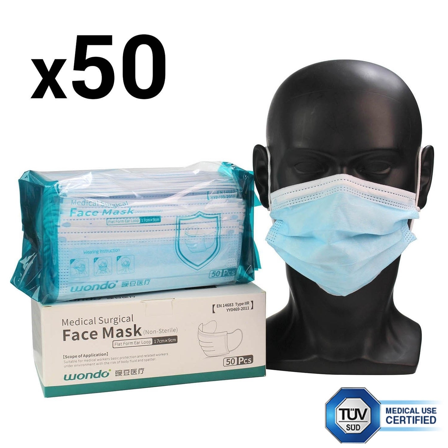 Fluid Resistant Surgical Face Masks Type IIR (Box of 50 Masks) - Wondo